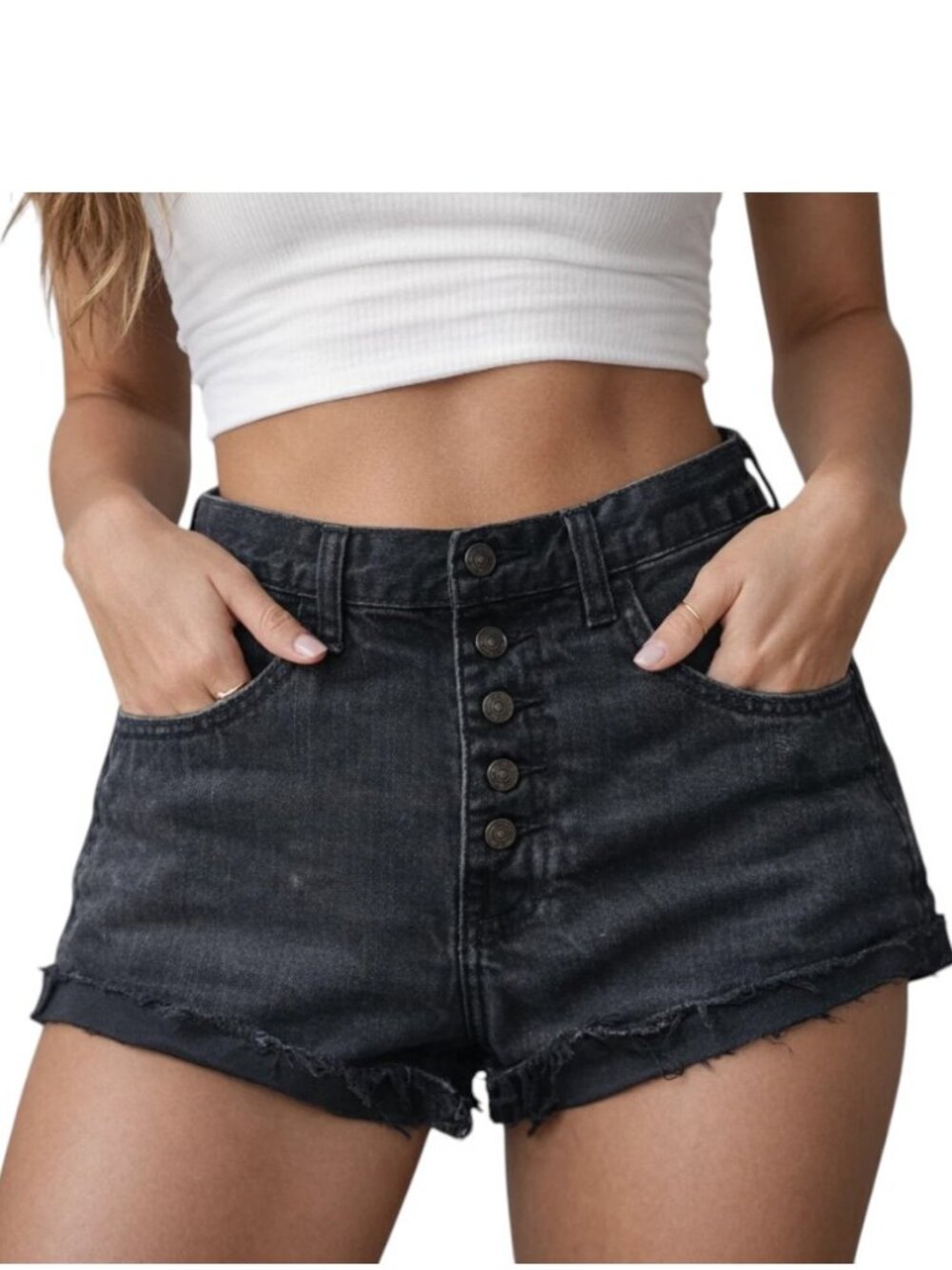 Hollister Women’s Black Denim Jean Shorts W26 Size 3 Button Fly Frayed Hem